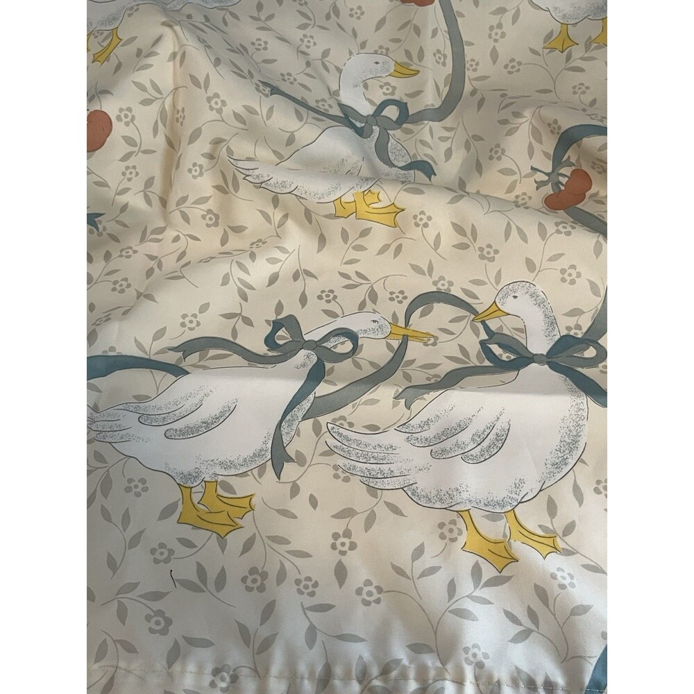 Vintage Goose Shower Curtain “Cottage Core” Bows & Cherries Tan, White, Blue